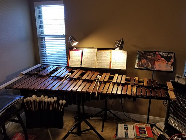 The Phoenix modular marimba under a pair of reading lamps